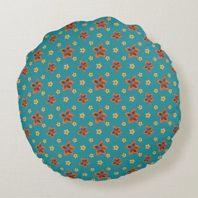Retro Floral, Polka Dots on Teal Round Pillow (Back)