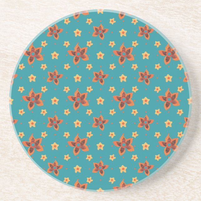 Retro Floral, Polka Dots on Teal Sandstone Coaster (Front)