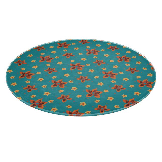 Retro Floral, Polka Dots, Teal Glass Cutting Board (Corner)