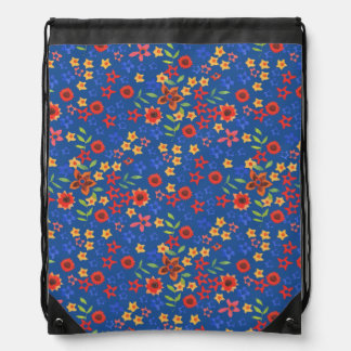 Retro Floral Print on Blue Drawstring Backpack
