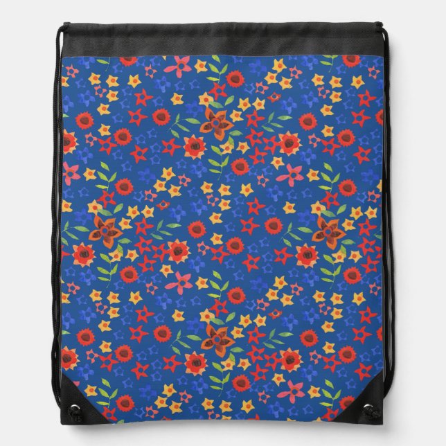 Retro Floral Print on Blue Drawstring Backpack (Front)