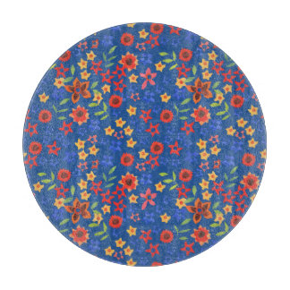 Retro Floral Print on Blue Glass Cutting Board