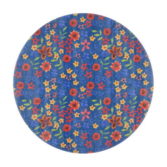 Retro Floral Print on Blue Glass Cutting Board (Front)