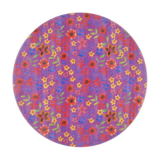 Retro Floral Print on Magenta Glass Cutting Board (Front)