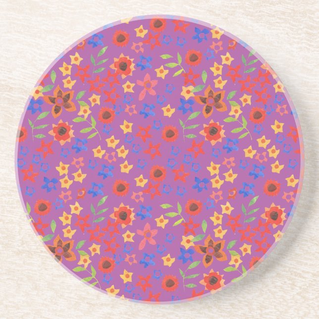 Retro Floral Print on Magenta Sandstone Coaster (Front)