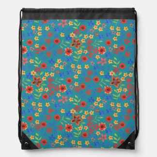 Retro Floral Print on Teal Drawstring Backpack