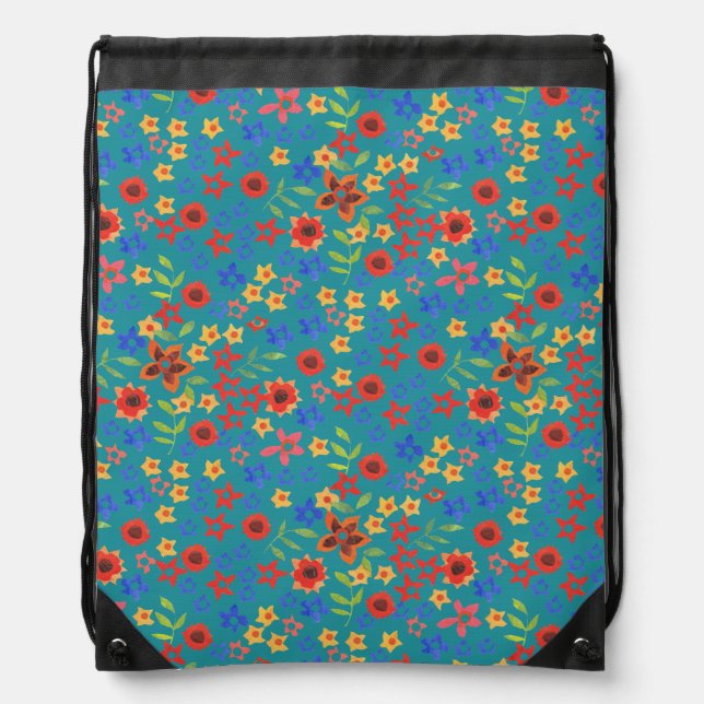 Retro Floral Print on Teal Drawstring Backpack (Front)