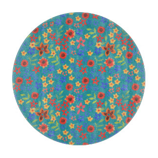 Retro Floral Print on Teal Glass Cutting Board