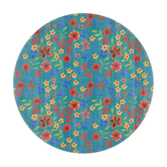 Retro Floral Print on Teal Glass Cutting Board (Front)