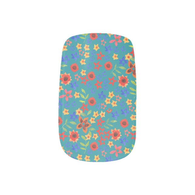 Retro Floral Print on Teal Set of Minx Nails Minx Nail Art (Right Thumb)