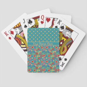 Retro Floral Prints on Teal Custom Playing Cards