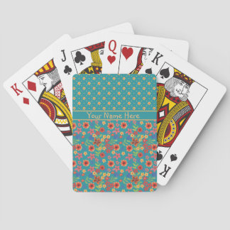 Retro Floral Prints on Teal Custom Playing Cards