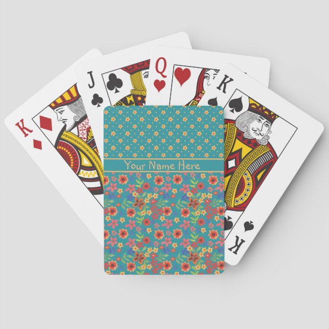 Retro Floral Prints on Teal Custom Playing Cards (Back)