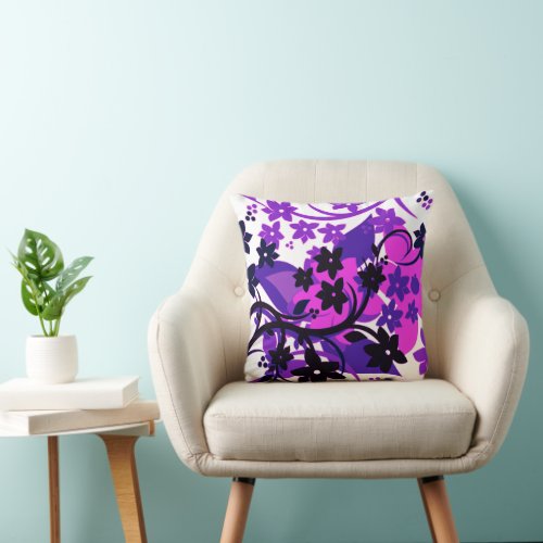 Retro Floral Purple Botanical Graphic Design Throw Pillow