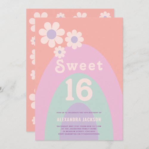 Retro floral rainbow 16th Birthday Party Invitation