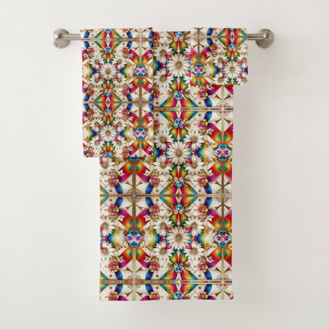Retro Floral Rainbow Mid Century Modern Bath Towel Set (Insitu)