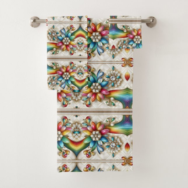 Retro Floral Rainbow Mid Century Modern Bath Towel Set (Insitu)