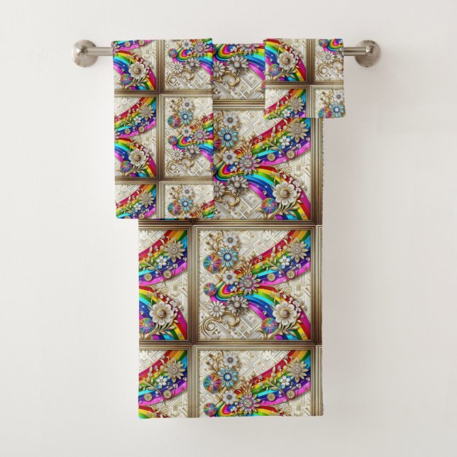 Retro Floral Rainbow Mid Century Modern Bath Towel Set (Insitu)