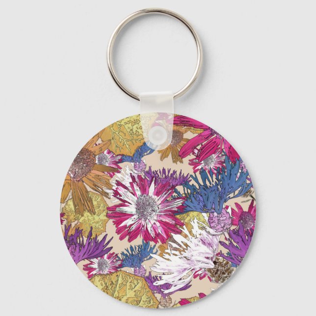 Retro, floral, red flowers, bouquet, blue flowers, keychain (Front)