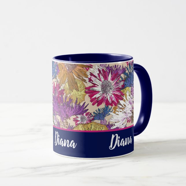 Retro, floral, red flowers, bouquet, blue flowers, mug (Front Right)