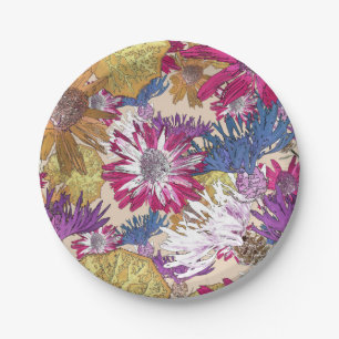 Retro, floral, red flowers, bouquet, blue flowers, paper plates