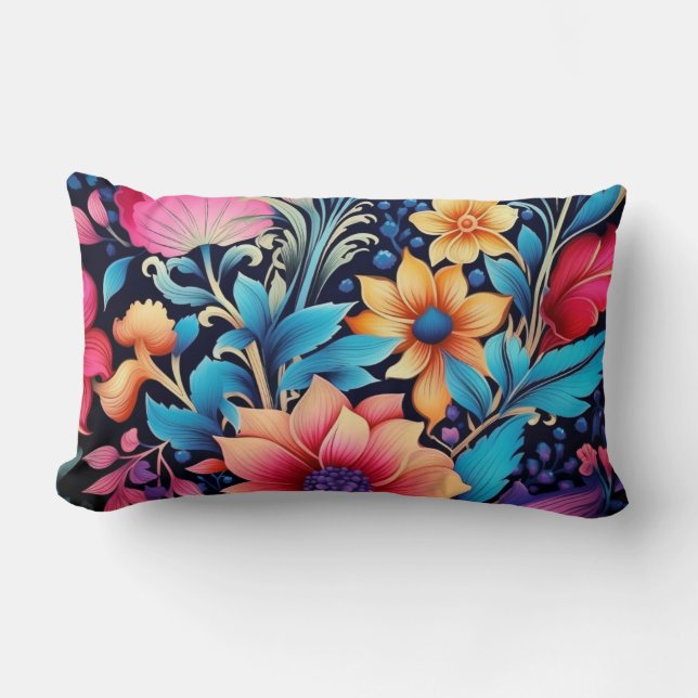 Retro Floral Rhapsody Lumbar Pillow (Front)
