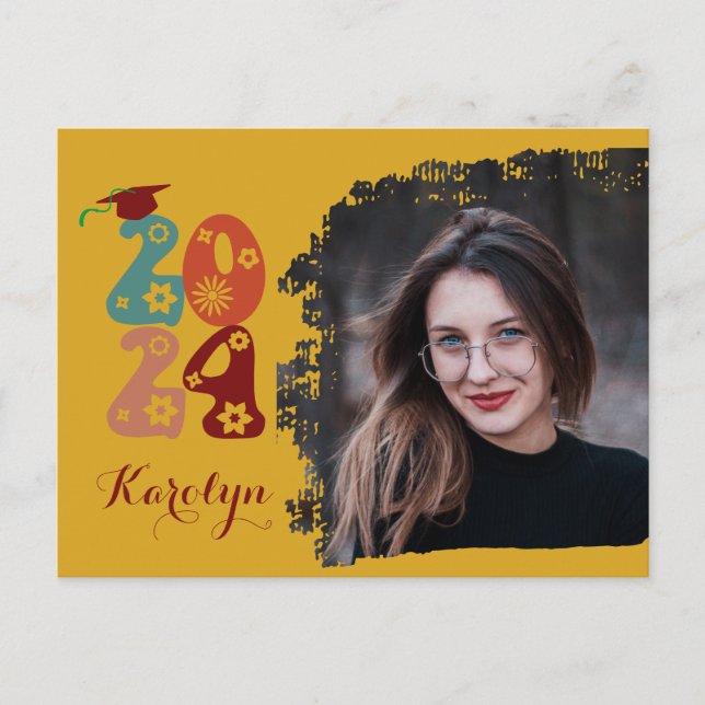 Retro Floral Script Chic Photo Graduation Invitation Postcard (Front)