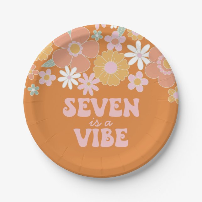 Retro Floral Seven is a Vibe 7th birthday Paper Plates (Front)