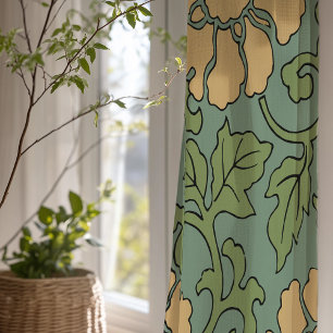 Retro Floral Sheer Curtains in Olive Green Mustard