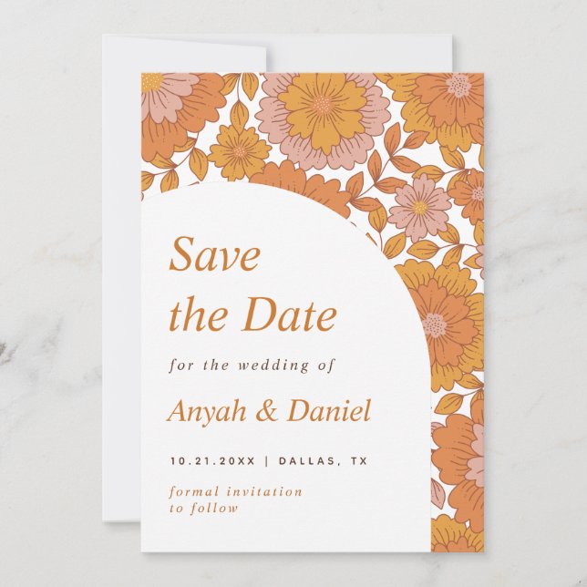 Retro Floral Simple Minimalist 60s 70s Boho Arch Save The Date (Front)