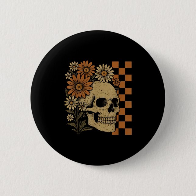Retro Floral Skeleton Funny Skull Halloween  Button (Front)
