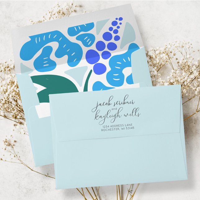 Retro Floral Sky Blue Script Wedding Invitation Envelope (Retro sky blue purple green boho floral script modern return addressed wedding invitation envelope)