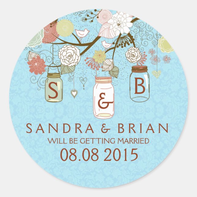 Retro Floral Soft Blue Mason Jar & Wedding Sticker (Front)
