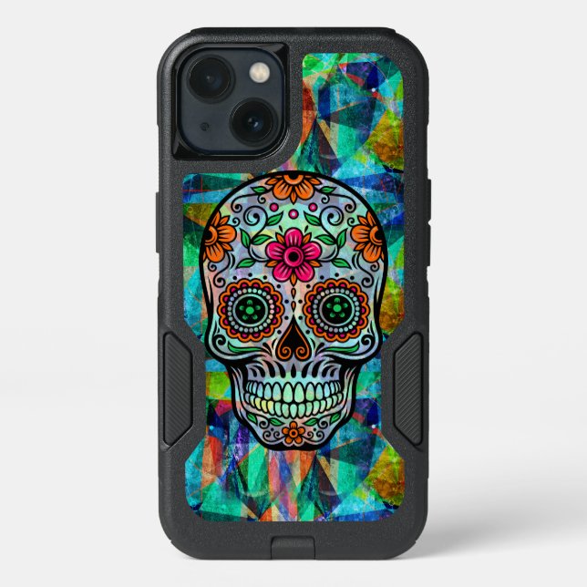 Retro Floral Sugar Skull Geometric Background Otterbox iPhone Case (Back)