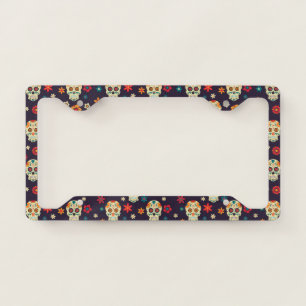Retro floral sugar skull license plate frame