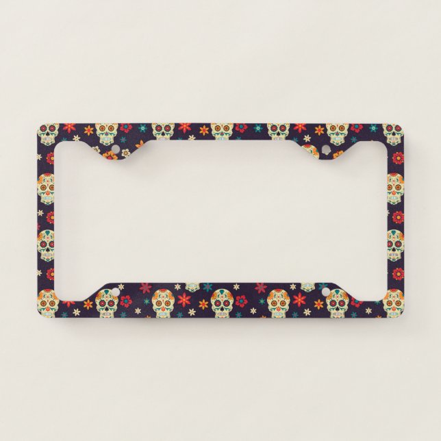Retro floral sugar skull license plate frame (Front)