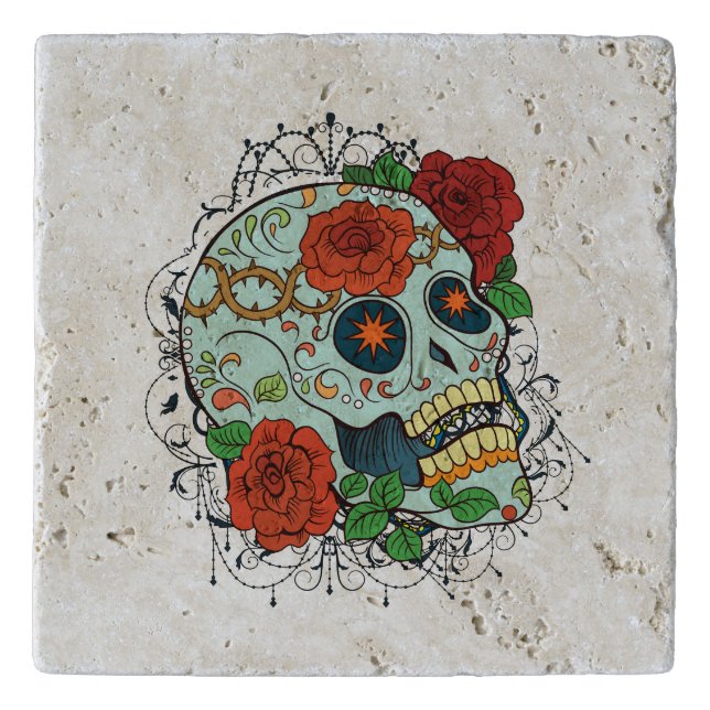 Retro Floral Sugar Skull Red Roses 2 Trivet (Front)