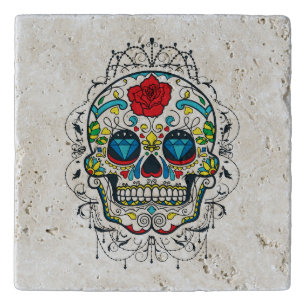 Retro Floral Sugar Skull Red Roses Trivet
