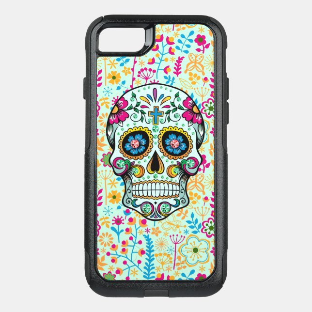 Retro Floral Sugar Skull With Floral Background Otterbox iPhone Case (Back)