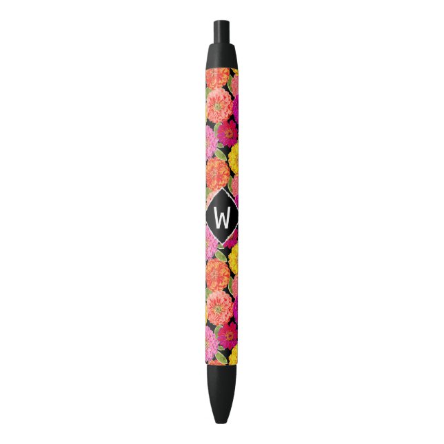 Retro Floral Summer Zinnias Monogram Pen (Front Vertical)