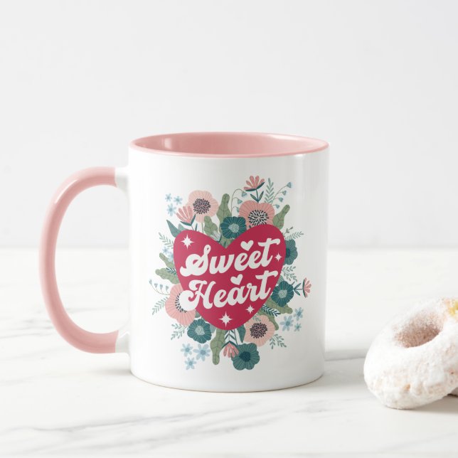 Retro Floral Sweetheart  Valentine's Day Coffee Mug (With Donut)