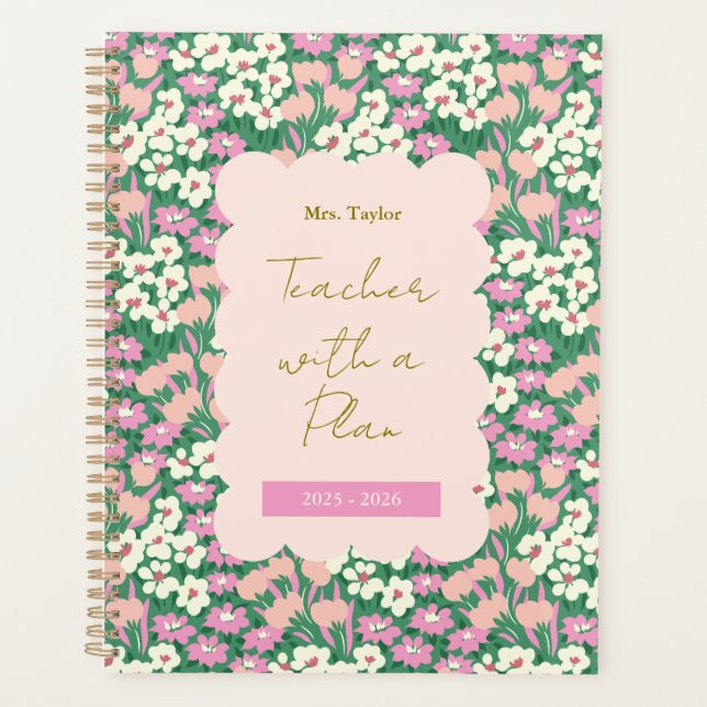 Retro Floral Teacher with a Plan Personalized Planner (Front)