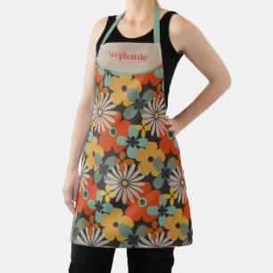 Retro Floral Teal Gold Red Apron
