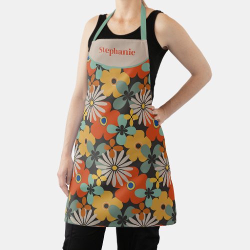 Retro Floral Teal Gold Red  Apron