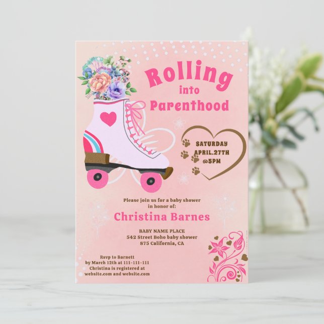 Retro floral teal roller skate boho baby shower invitation (Standing Front)