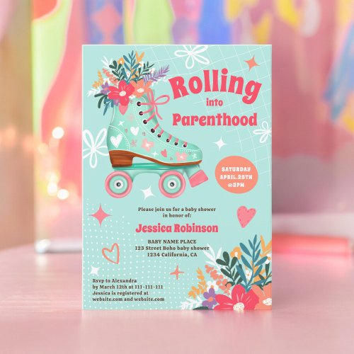 Retro floral teal roller skate boho baby shower invitation