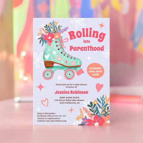 Retro floral teal roller skate boho baby shower invitation