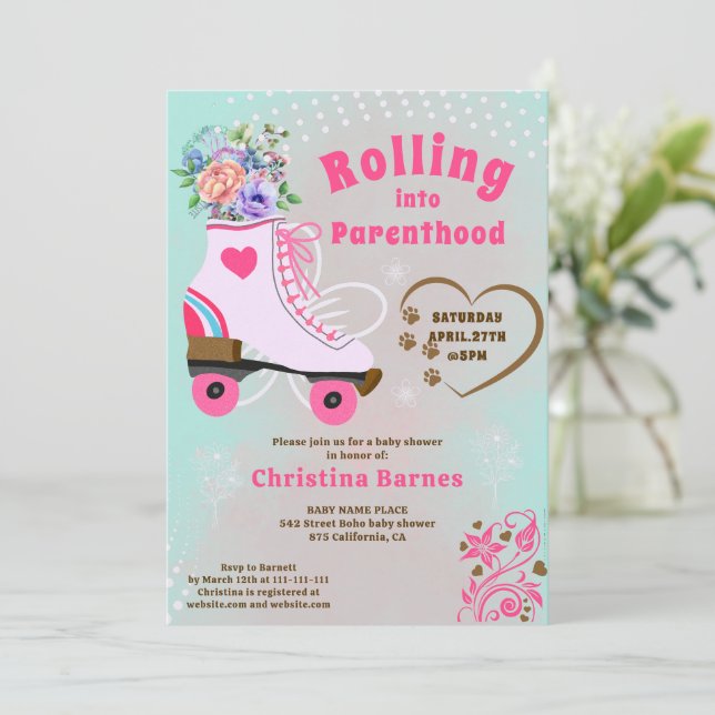 Retro floral teal roller skate boho baby shower invitation (Standing Front)