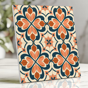 Retro Floral Terracotta and Teal Ceramic Tile