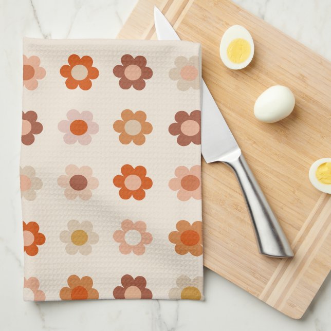 Retro Floral Terracotta Beige Kitchen Towel (Quarter Fold)